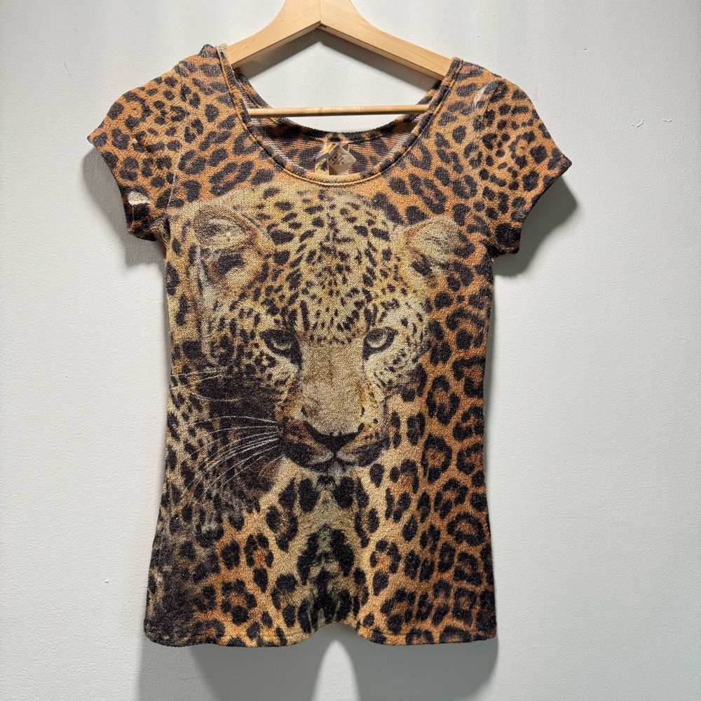 Y2K Scotty Leopard Print Sweater Top Big‎ Cat Gauzy Short Sleeve Size S